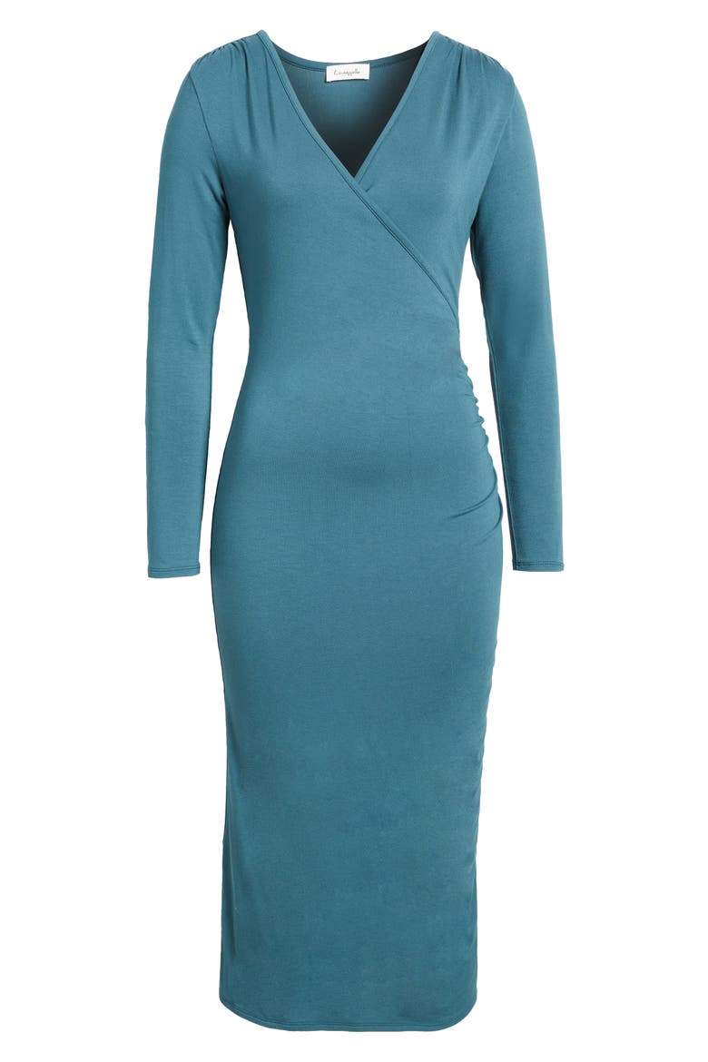 Long Sleeve Faux Wrap Midi Dress, Alternate, color, DARK TEAL