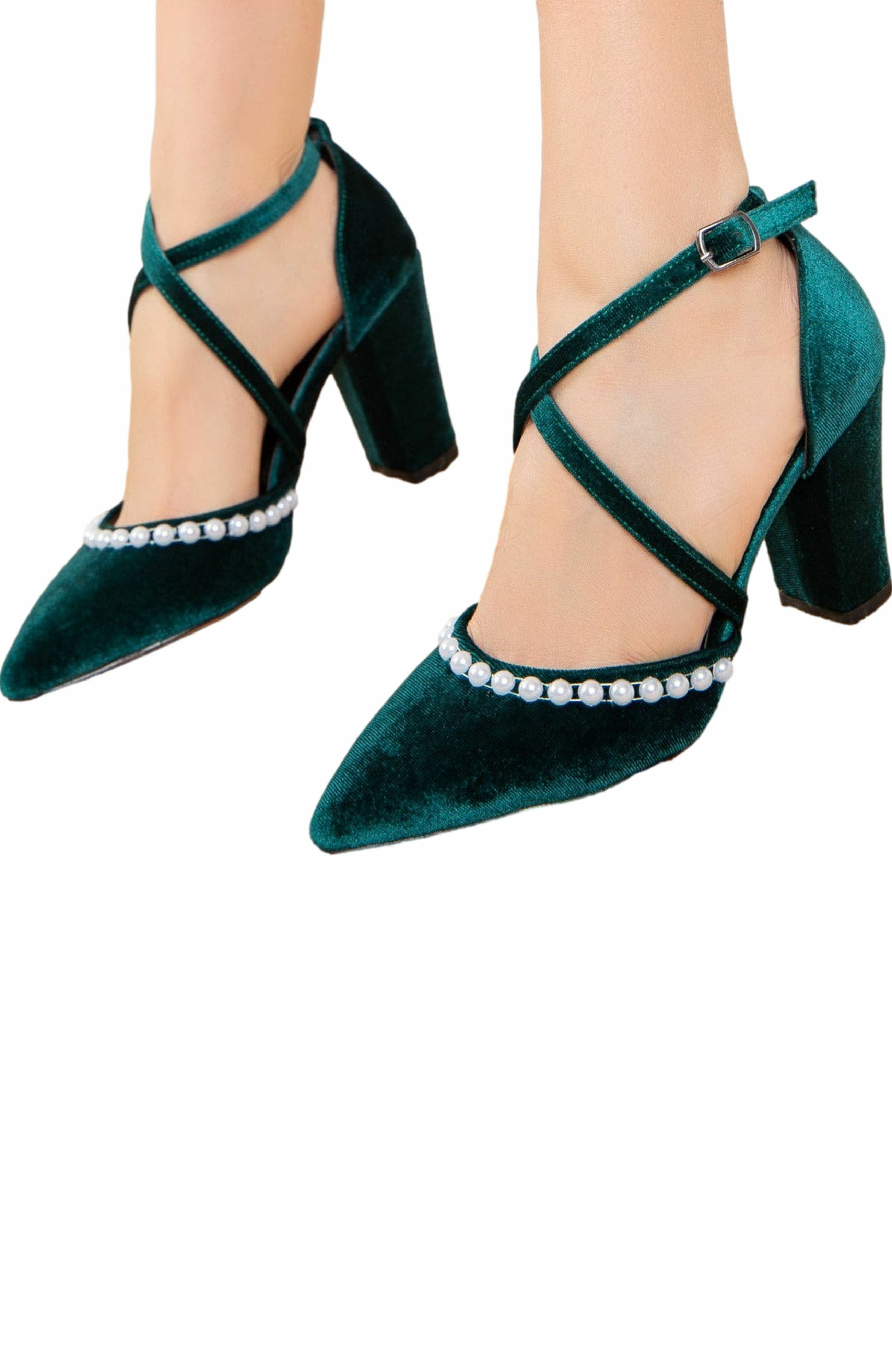 Forever & Always Shoes Sina Criss Cross Heels with Pearls, Alternate, color, Emerald Green W/ Pearls