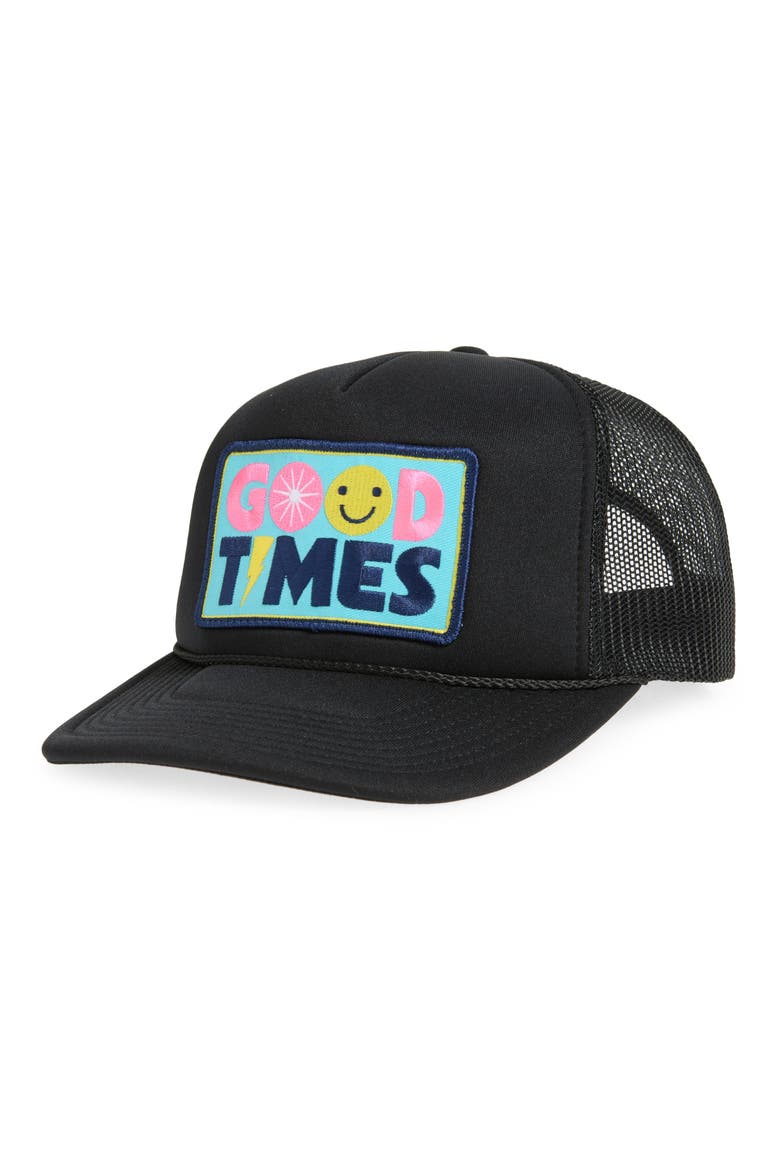 Good Times Patch Trucker Hat, Main, color, BLACK