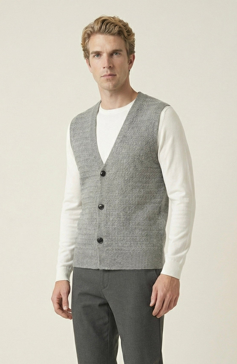Textured Knit V Neck Button Front Vest