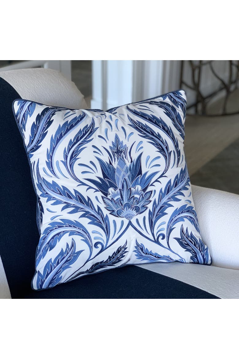 Indigo Series Morris Thistle Embroidered Indoor/Outdoor Decorative Accent Throw Pillow, Alternate, color, Blue