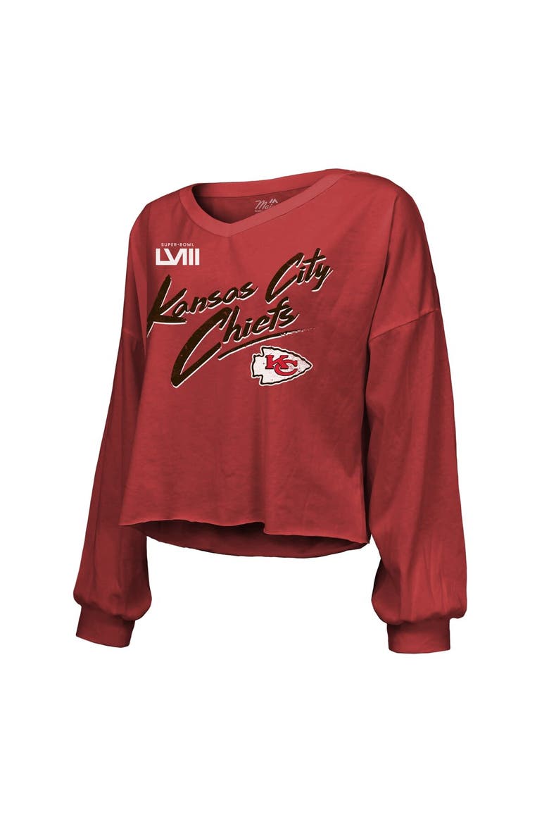 Women's Majestic Threads Travis Kelce Red Kansas City Chiefs Super Bowl LVIII Player Name & Number Off-Shoulder Cropped Long Sleeve V-Neck T-Shirt, Alternate, color, Red
