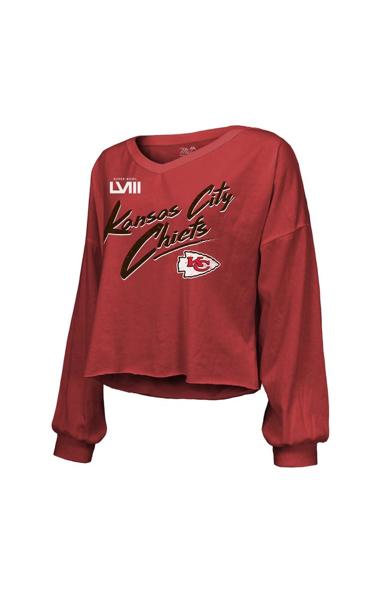 Majestic Threads Women's Majestic Threads Travis Kelce Red Kansas City Chiefs Super Bowl LVIII Player Name & Number Off-Shoulder Cropped Long Sleeve V-Neck T-Shirt, Alternate, color,