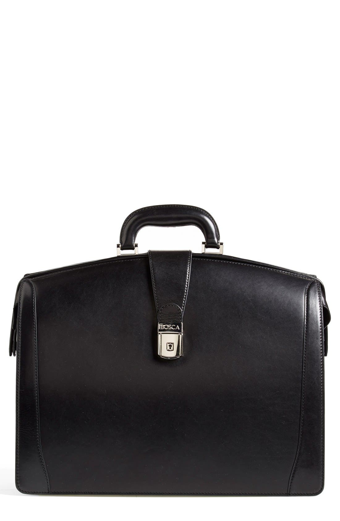 Triple Compartment Leather Briefcase, Main, color, BLACK