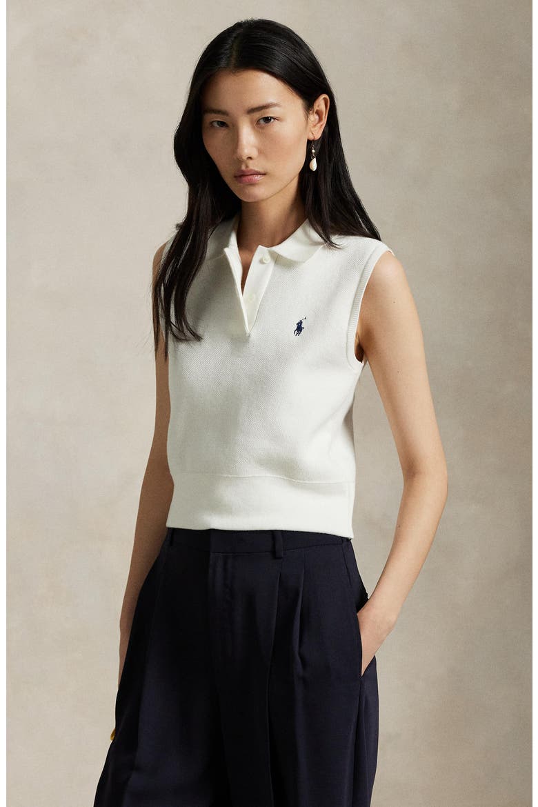 Sleeveless Cotton Blend Piqué Polo Sweater, Alternate, color, WHITE