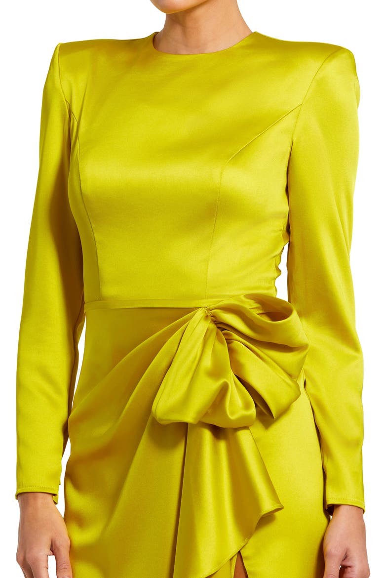 Long Sleeve Structured Bow Draped Column Gown, Alternate, color, CHARTREUSE
