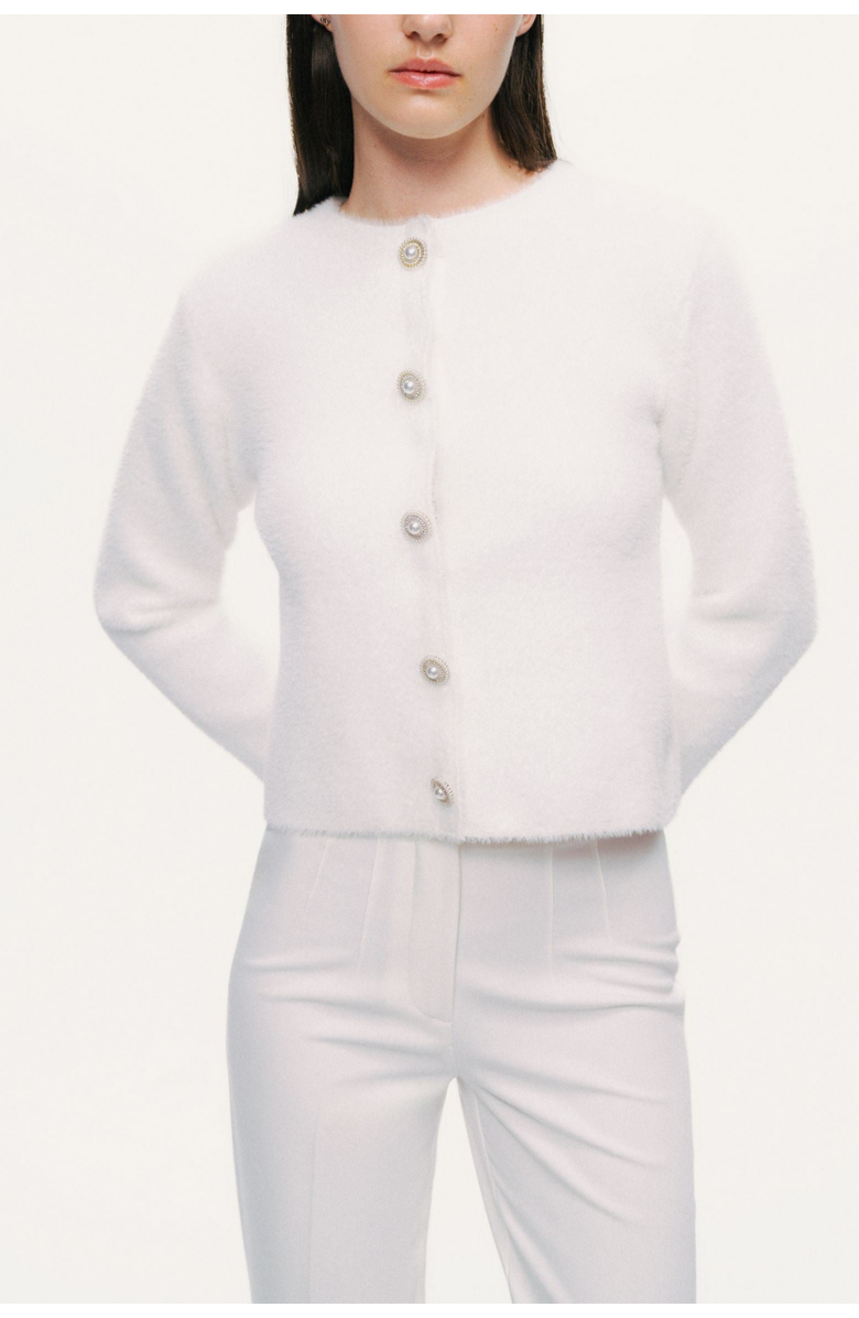 Nocturne Cropped Pearl-Button Crewneck Cardigan, Main, color, Ivory