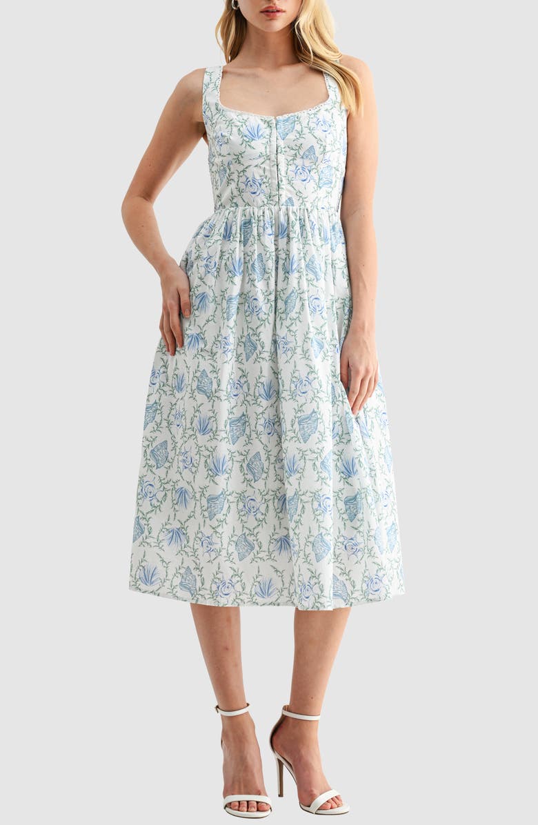 Lush Floral Corset Fit & Flare Midi Dress, Main, color, Blue White