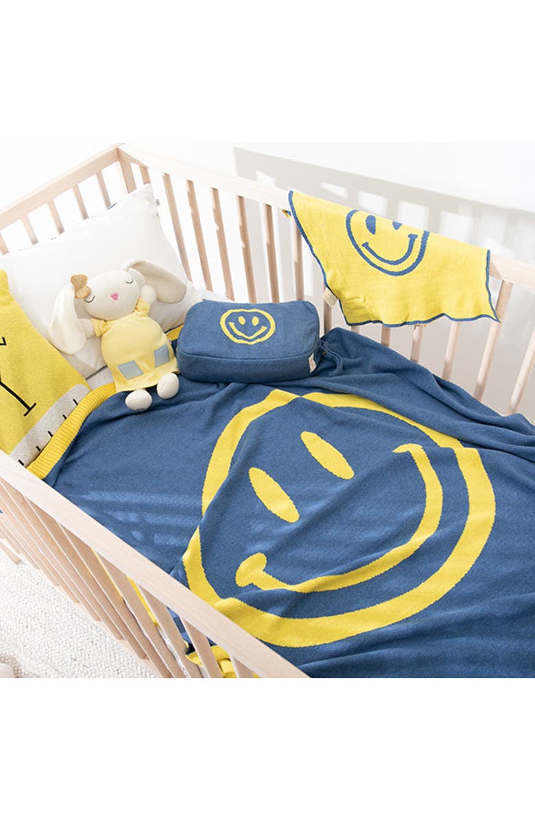 Pink Lemonade Smiley Organic Cotton Baby Blanket and Burp Cloth Set, Main, color, Marine Blue