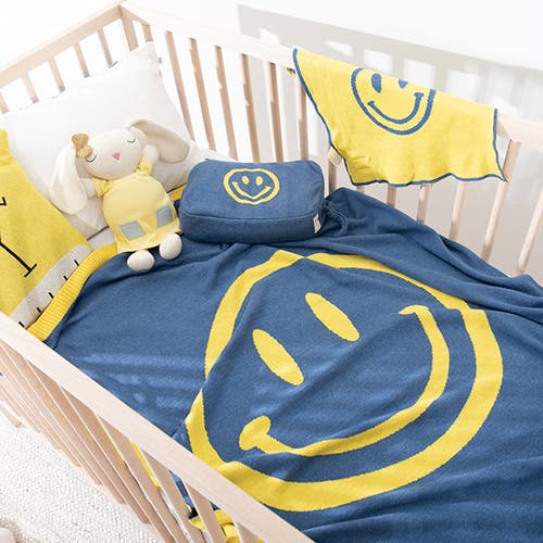 Pink Lemonade Smiley Organic Cotton Baby Blanket and Burp Cloth Set in Marine Blue 