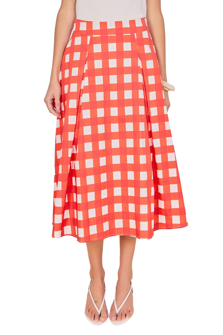 Plaid Pleated A-Line Midi Skirt, Main, color, RED