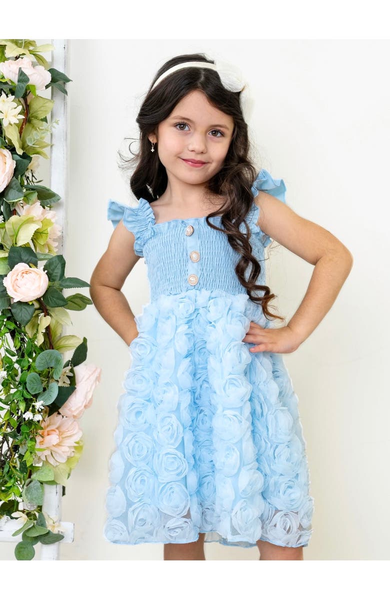 Mia Belle Girls Bluebell Bloom Pearl Button Rosette Tulle Dress, Alternate, color, Blue