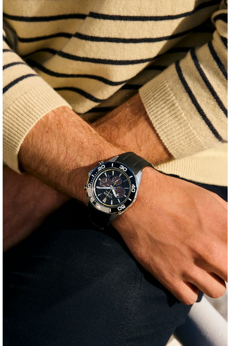 Endeavor Eco-Drive Chronograph Synthetic Strap Watch, 43mm, Alternate, color, BLACK