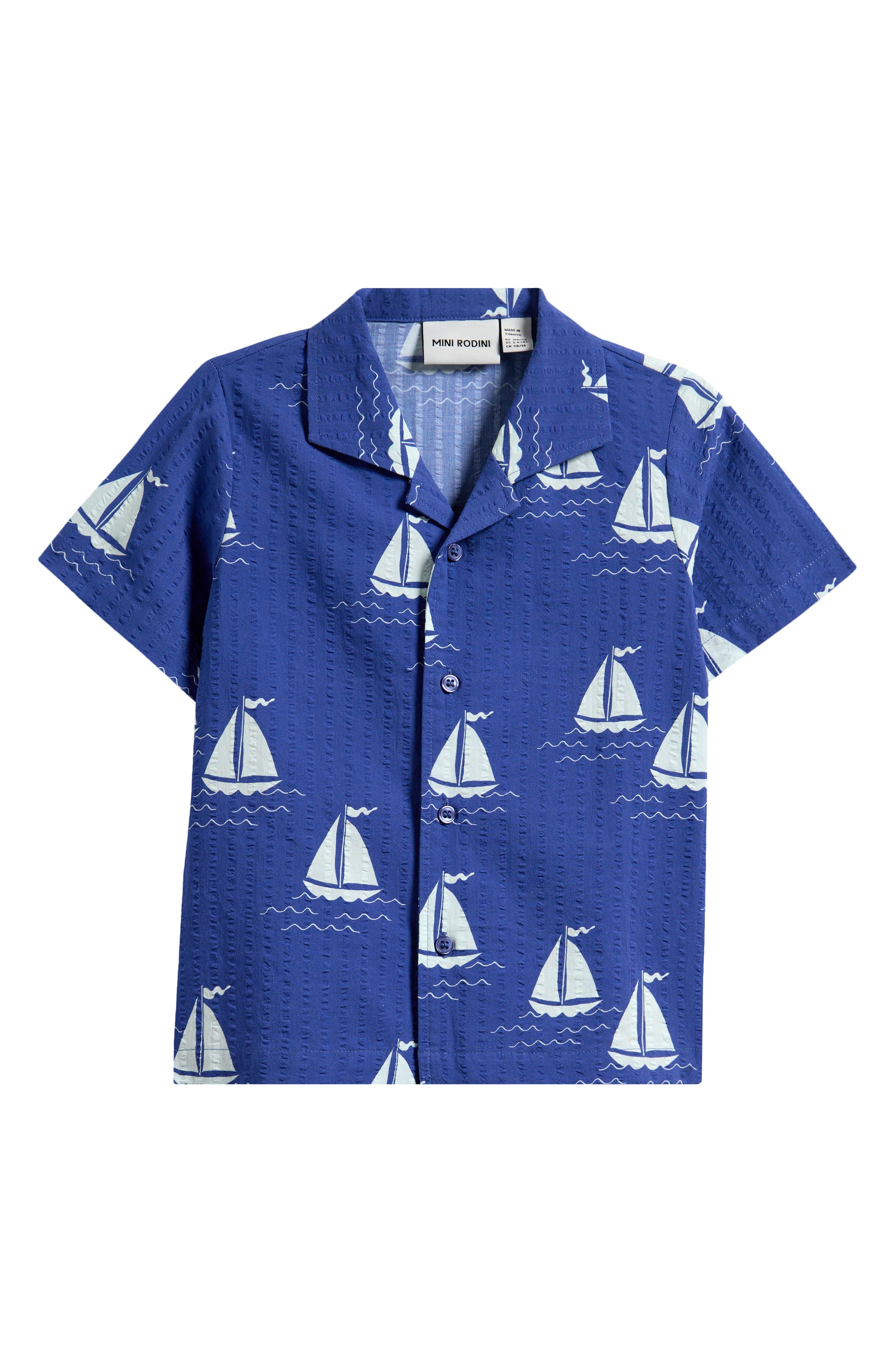 Kids' Sailboat Print Short Sleeve Organic Cotton Button-Up Shirt