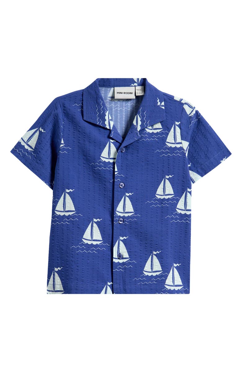 Mini Rodini Kids' Sailboat Print Short Sleeve Organic Cotton Button-Up Shirt, Main, color, Blue