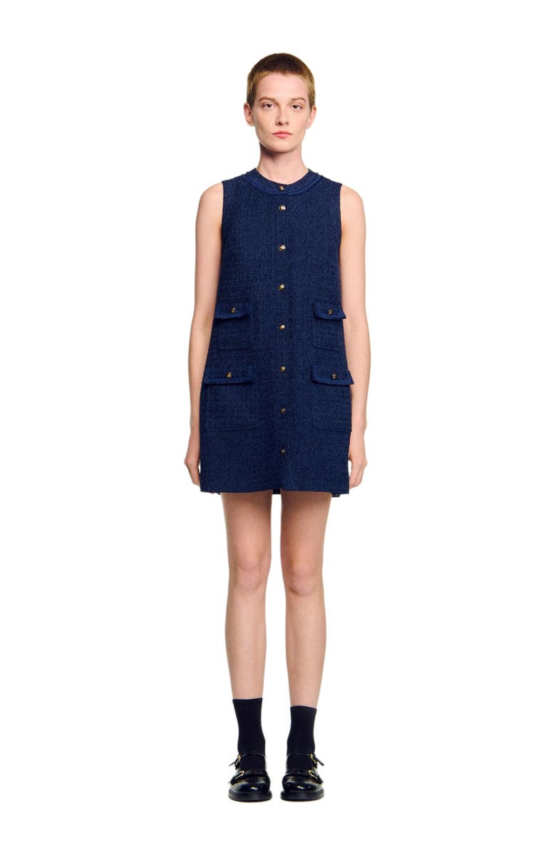 SANDRO Gold button short tweed dress, Alternate, color, Navy Blue