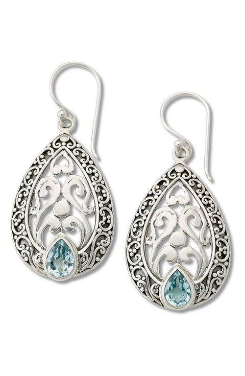 Engraved Blue Topaz Drop Earrings