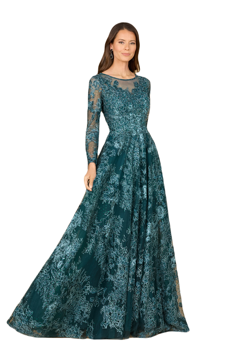 Long Sleeve, Illusion Neck Gown, Main, color, Green