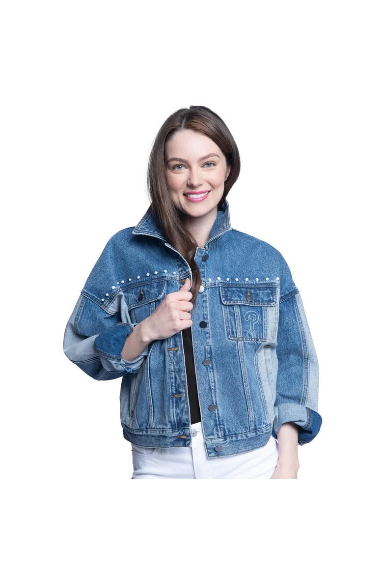 Women's G-III Sports by Carl Banks Philadelphia Phillies Victory Oversized Button-Up Denim Jacket, Main, color, Denim