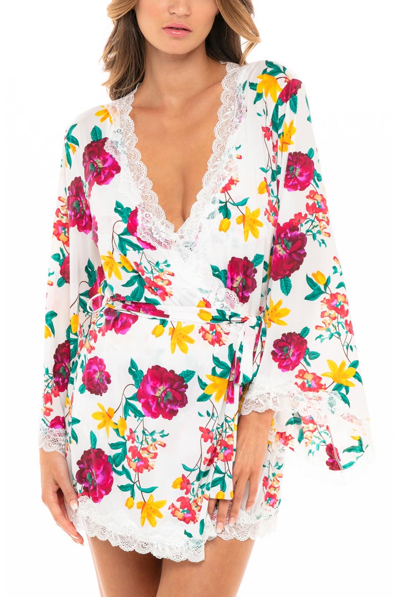 Lace Trim Floral Print Robe, Main, color, WHITE FLORAL PRINT