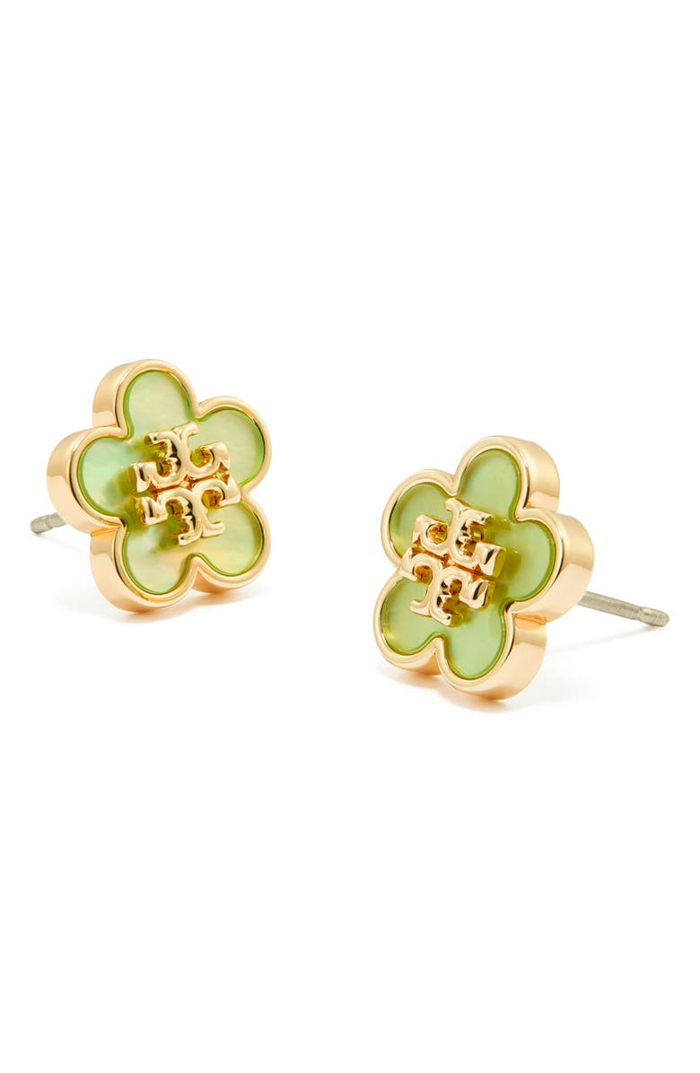 Tory Burch Forget Me Not Enamel Stud Earrings, Alternate, color, Tory Gold / Green
