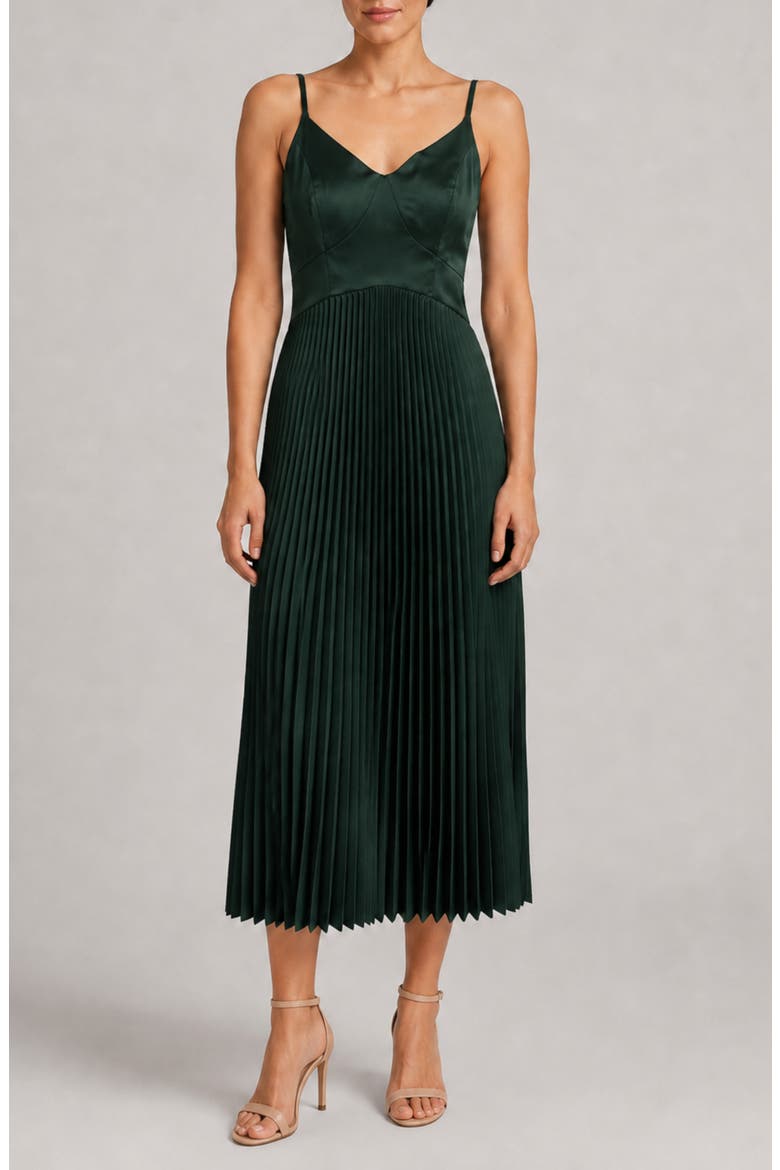 Pleated Satin Dress, Alternate, color, EVERGREEN
