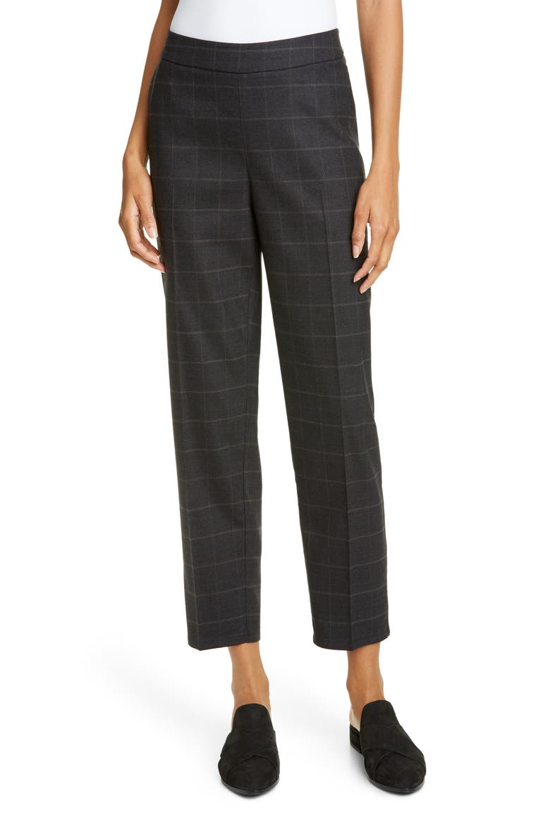 Windowpane Plaid Stretch Wool Ankle Pants, Main, color, CHARCOAL