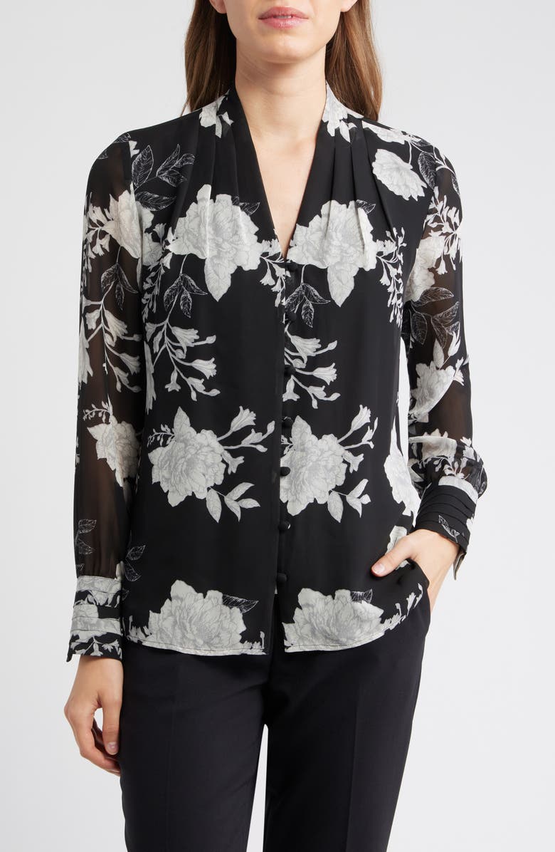 Anne Klein Floral Print Pleated Shirt, Main, color, 