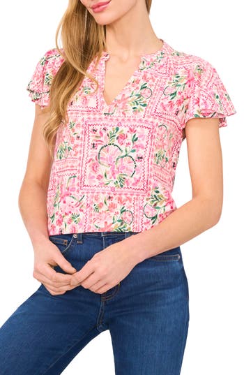 Cece Floral Flutter Sleeve V-neck Challis Top In White