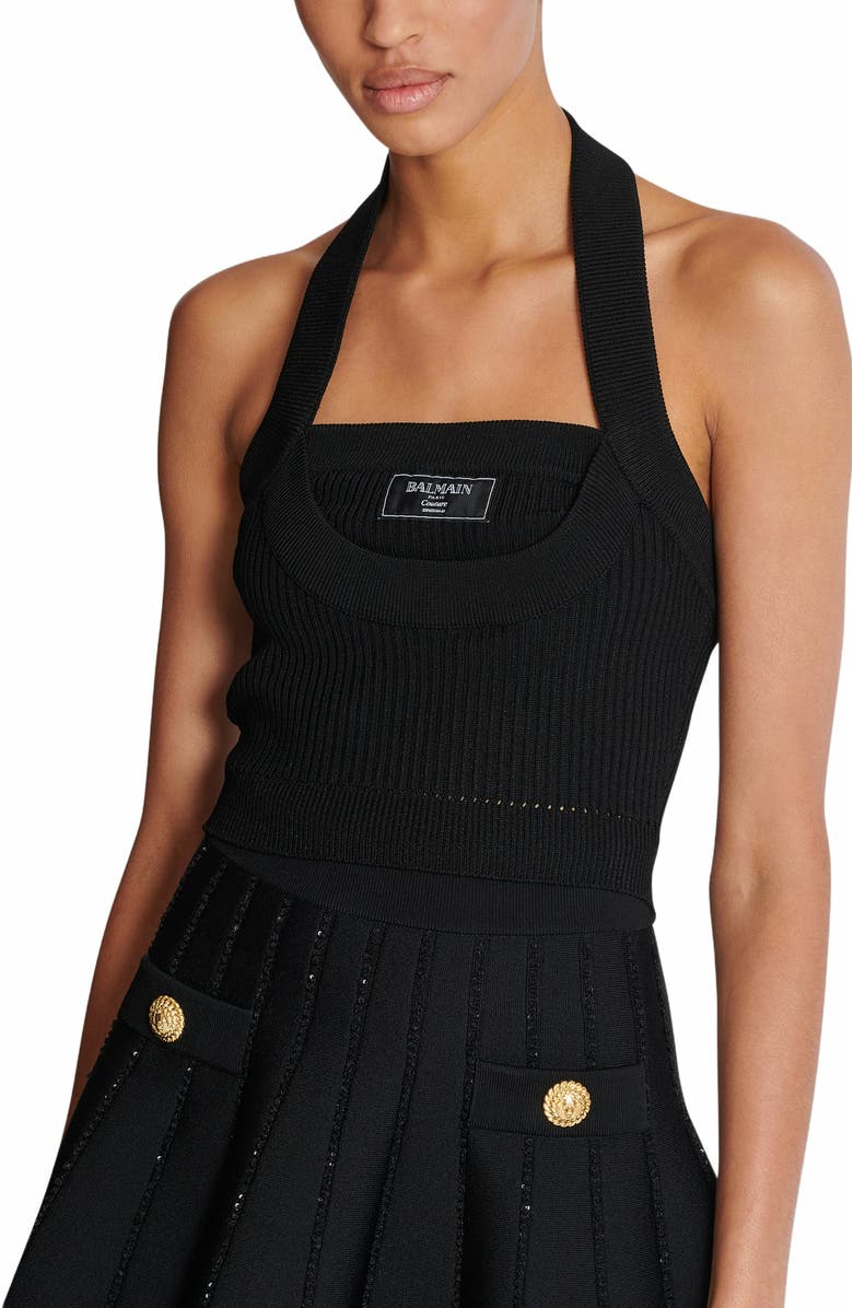 Balmain Ribbed Knit Halterneck Top, Alternate, color, Black