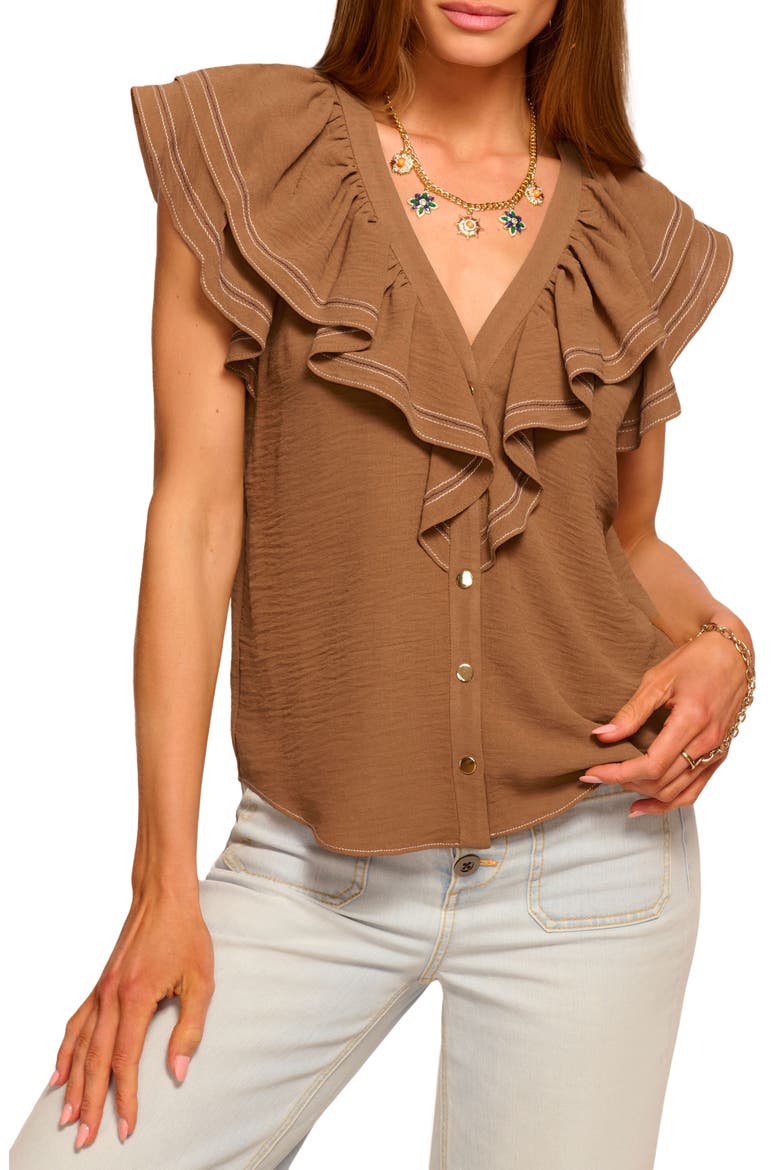 Lettie Topstitch Ruffle Detail Top, Main, color, BAJA BROWN