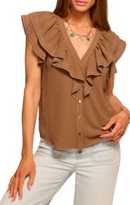Ramy Brook Lettie Topstitch Ruffle Detail Top