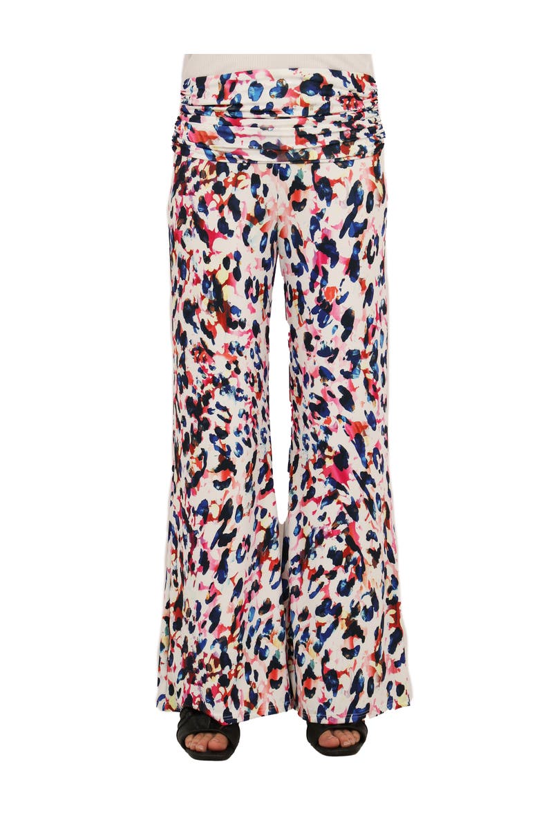 24seven Comfort Apparel Womens Essential Cheetah Print Foldover Waist Wide Leg Pants, Main, color, White Multi