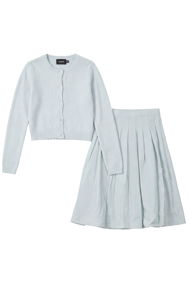 Pattern Knit Cardigan Pearl Button Pleated Skirt 2-Piece Set, Main, color, Dusty Blue