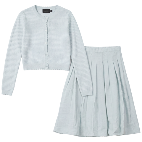 Pattern Knit Cardigan Pearl Button Pleated Skirt 2-Piece Set