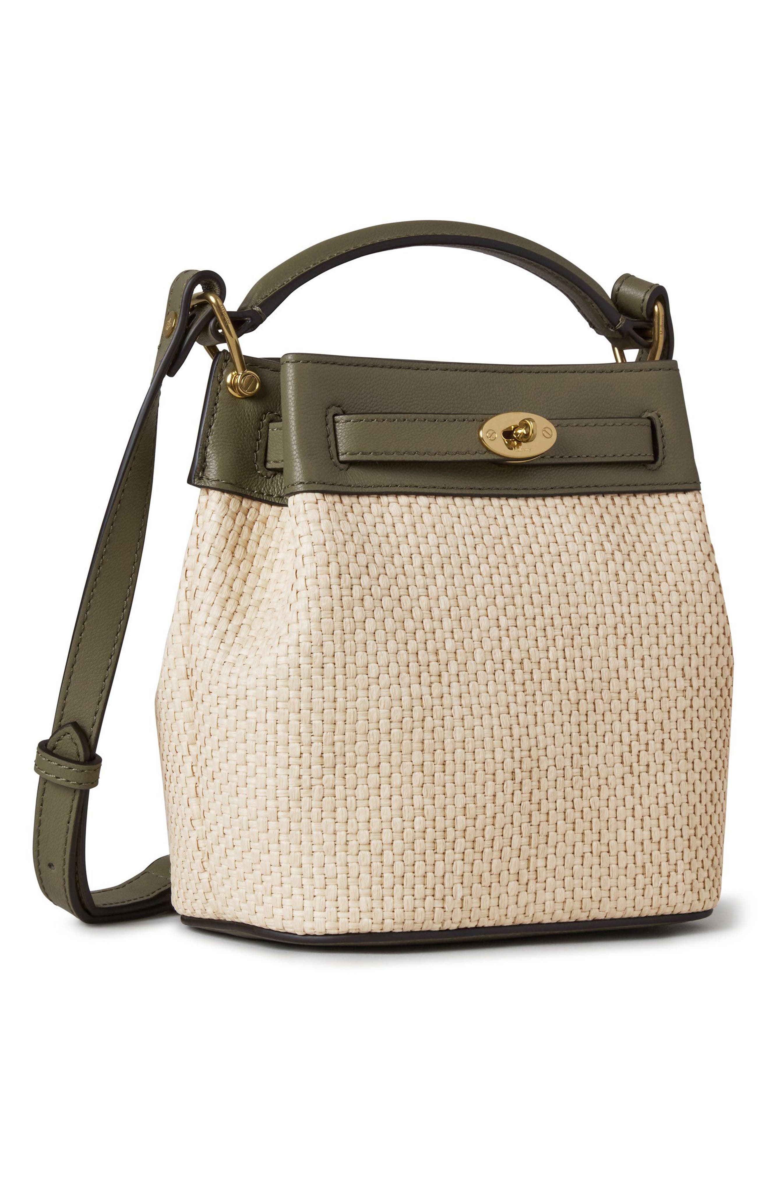 Mulberry Mini Islington Woven Raffia & Leather Bucket Bag, Alternate, color, Linen Green/ Natural