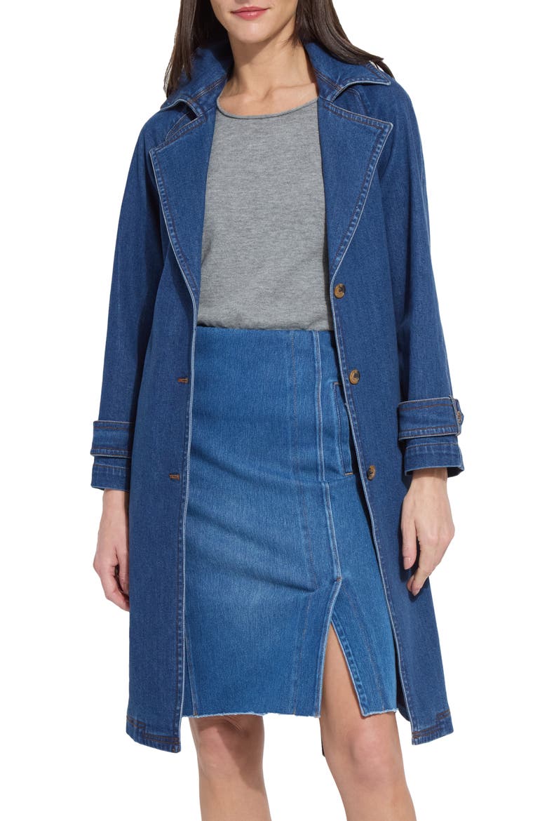 Paris Denim Trench Coat, Main, color, DARK MIDWASH