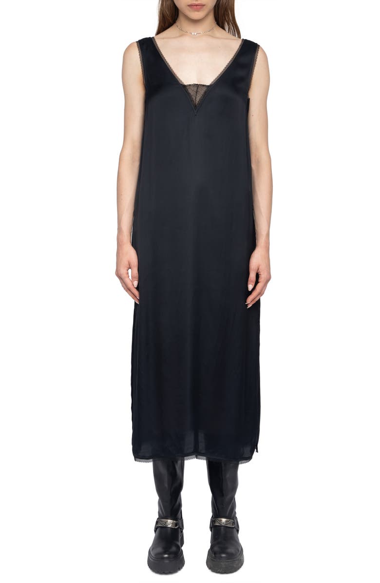 Zadig & Voltaire Renzo Lace & Satin Slipdress, Main, color, Black