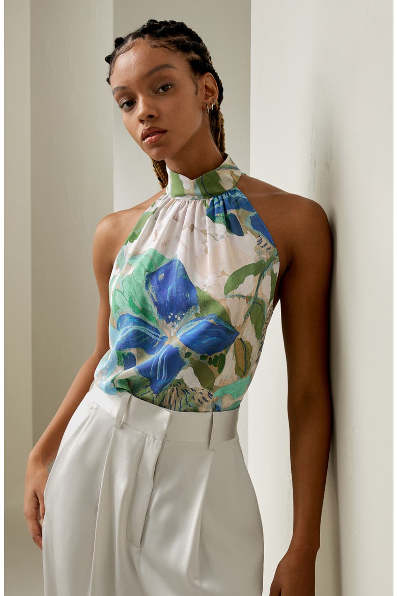 Women's Praslin Mock Neck Silk Top, Alternate, color, Oil painting floral pattern