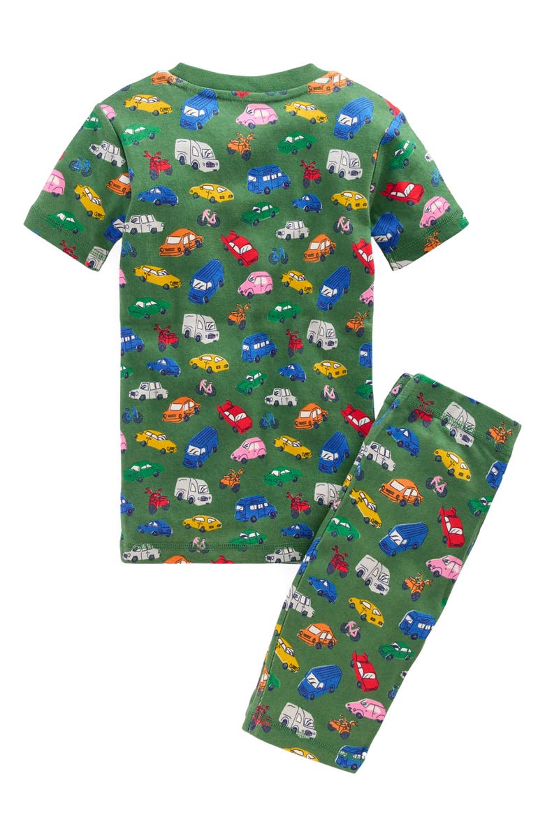 Mini Boden Kids' Print Fitted Two-Piece Cotton Pajamas, Alternate, color, Willow Green Traffic Jam