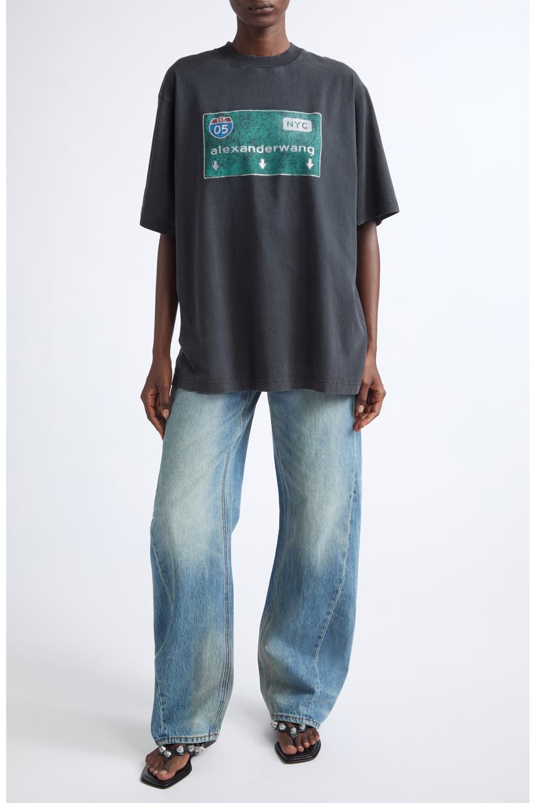 Oversize Hotfix Crystal Street Sign Graphic T-Shirt, Alternate, color, WASHED BLACK