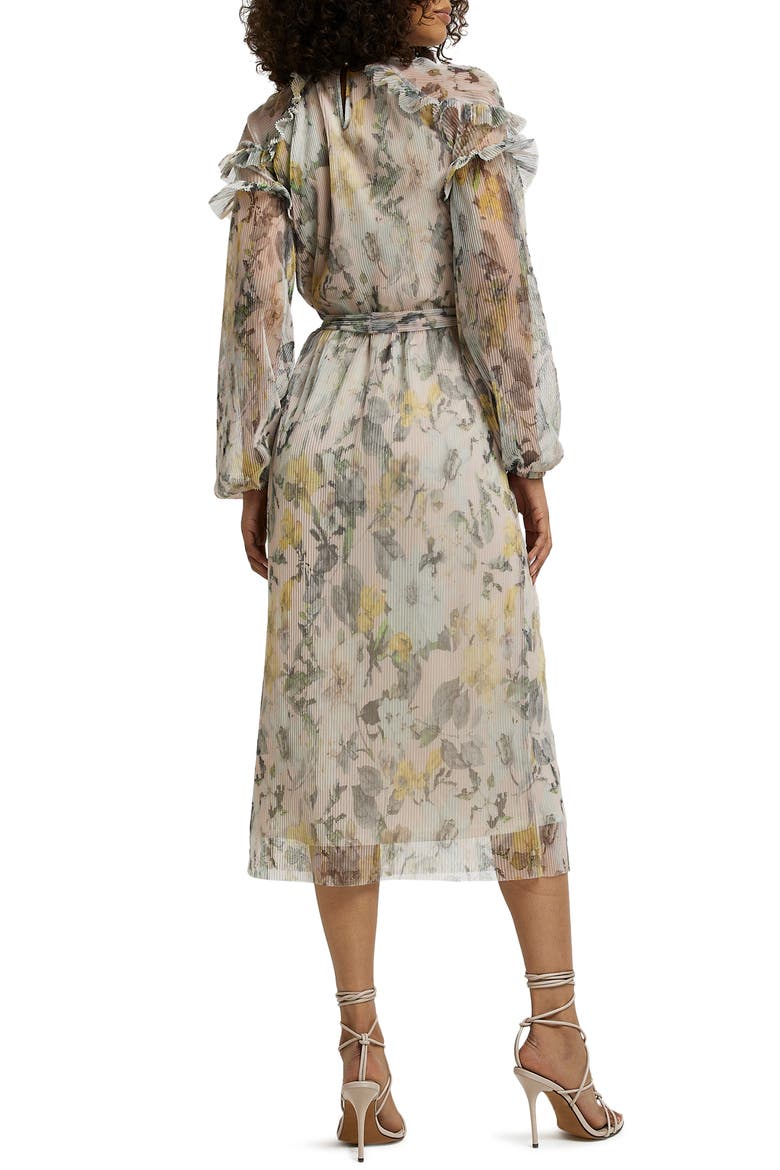 Floral Ruffle Trim Long Sleeve Mesh Plissé Dress, Alternate, color, CREAM