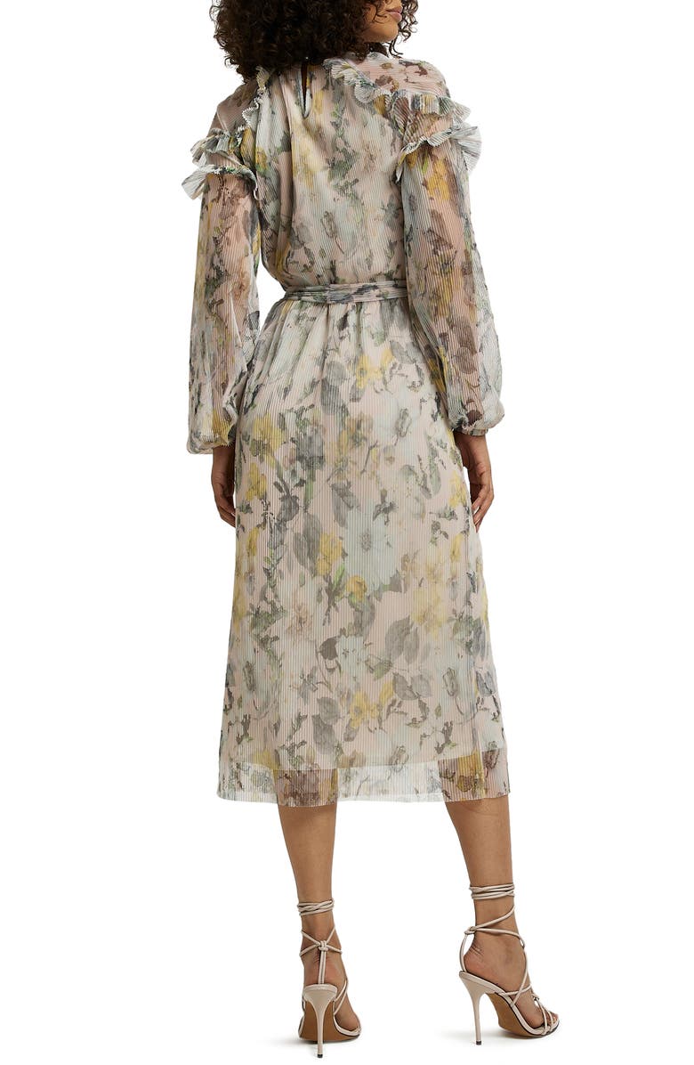 River Island Floral Ruffle Trim Long Sleeve Mesh Plissé Dress, Alternate, color, 