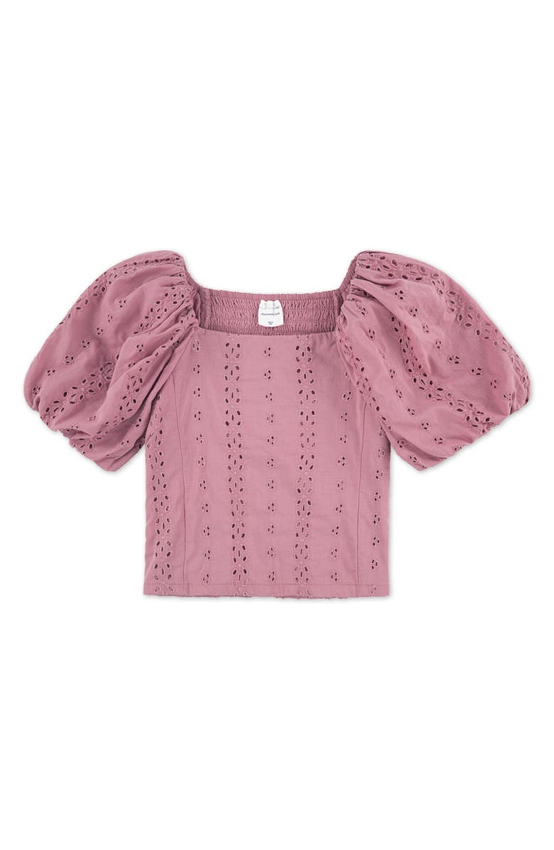 abercrombie kids Kids' Eyelet Puff Sleeve Cotton Top, Main, color, Mesa Rose