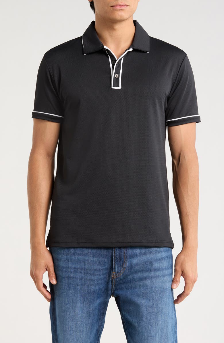 DENIM AND FLOWER Tipped Short Sleeve Polo, Main, color, Black