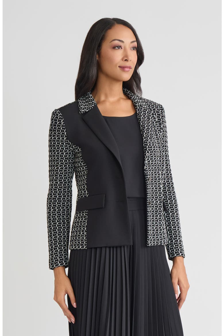 Tailored Mixed Media Tweed Knit Blazer, Alternate, color, Black/White