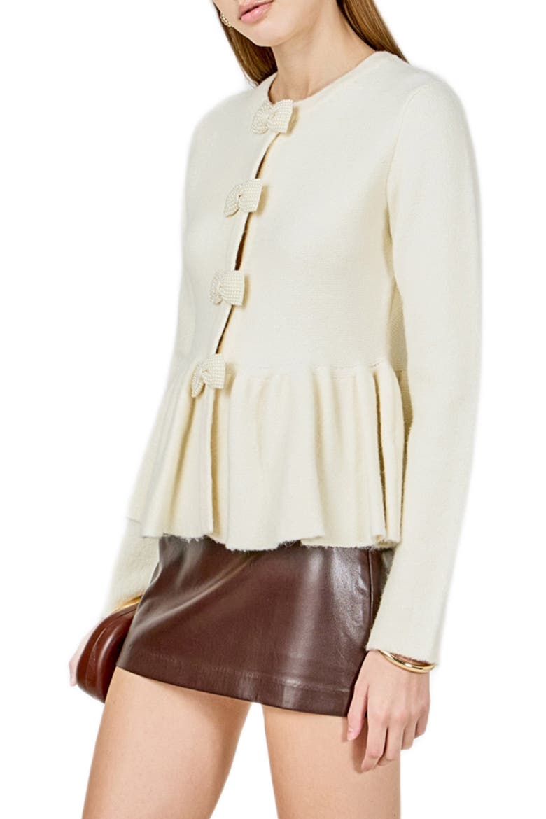 Bow Trim Peplum Cardigan, Alternate, color, CREAM