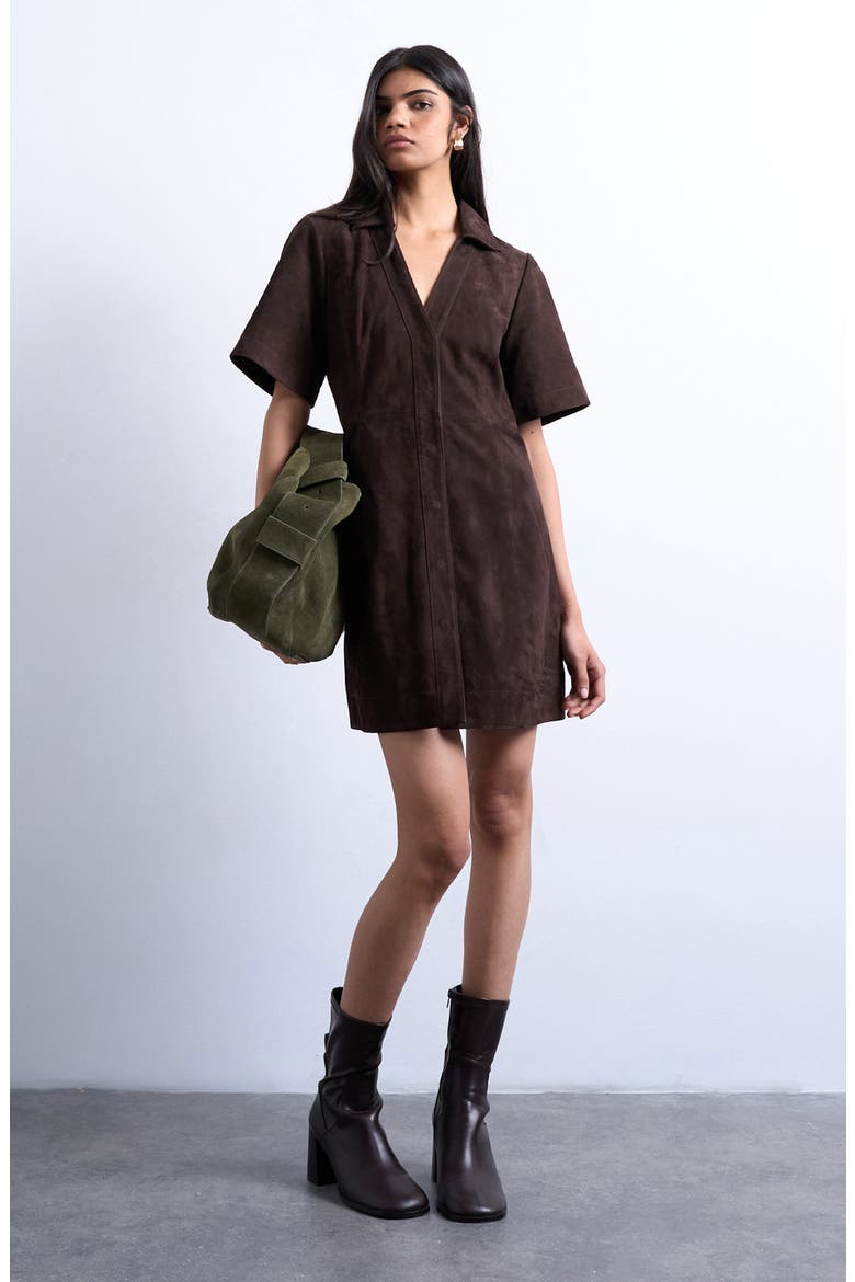 Suede Mini Shirtdress, Main, color, BROWN