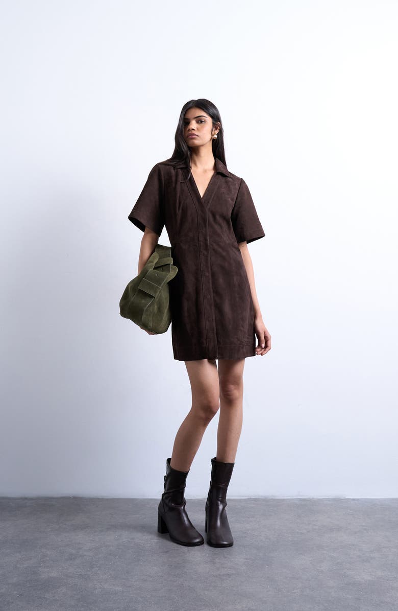Topshop Suede Mini Shirtdress, Main, color, Brown