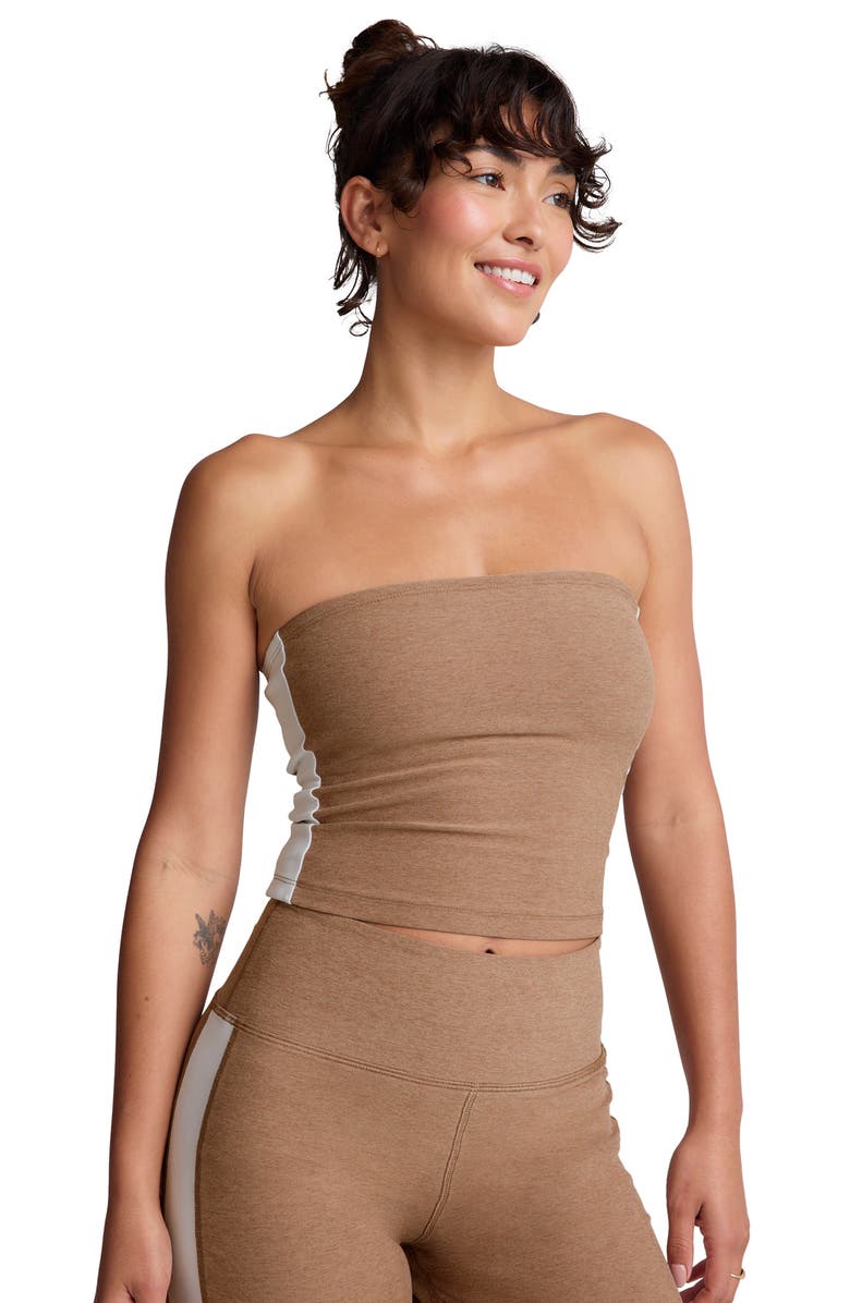 Beyond Yoga Space Dye Strapless Stripe Crop Top, Alternate, color, Desert Sand/ Cloud White
